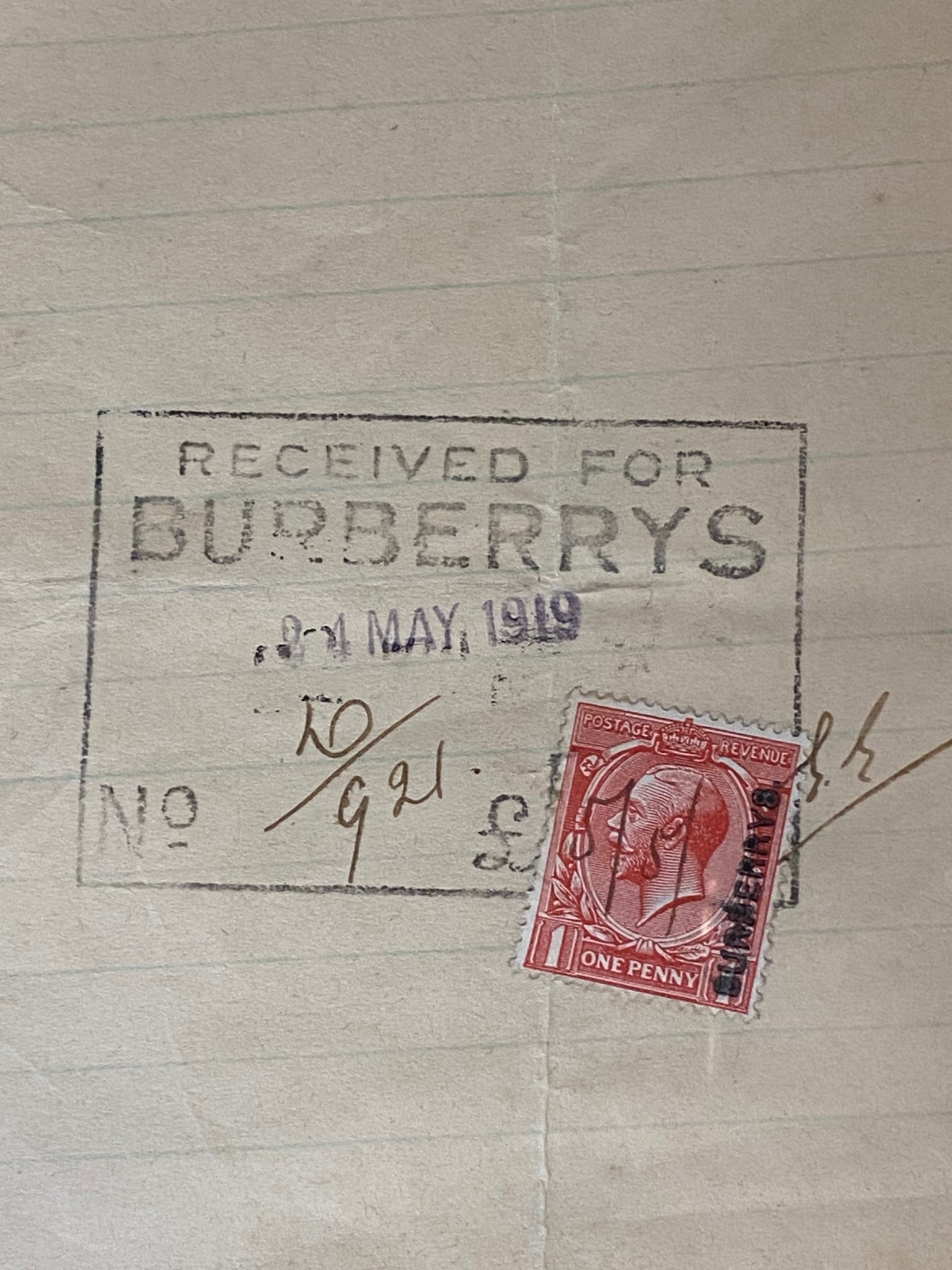 Original Burberry Haymarket SW1 1919 Receipt