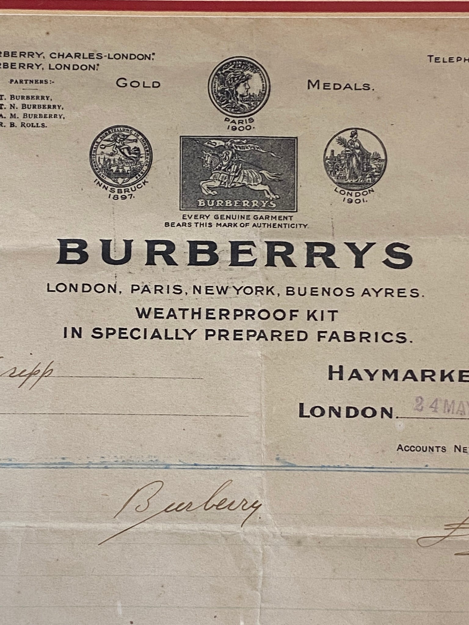 Original Burberry Haymarket SW1 1919 Receipt
