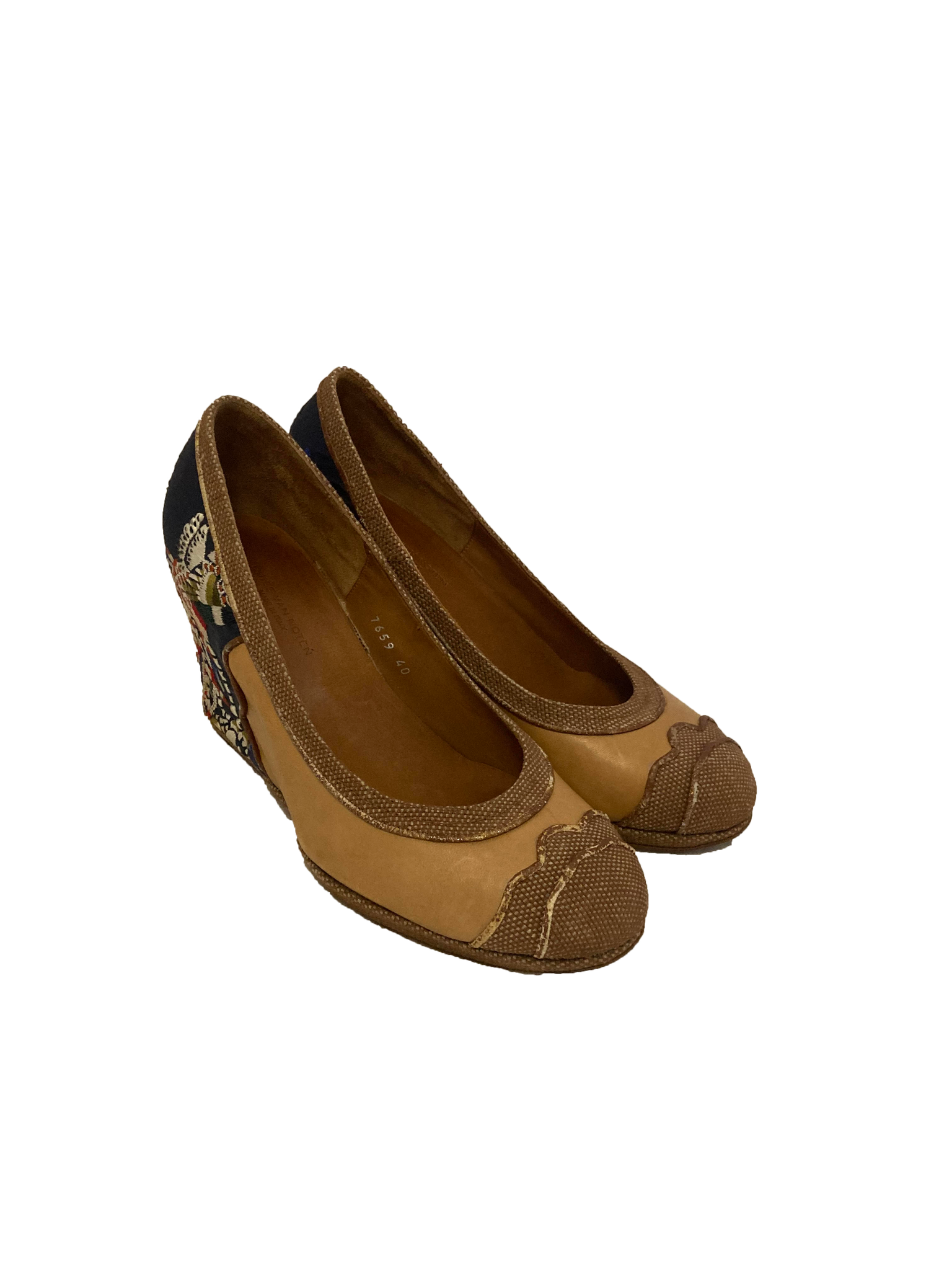 Embroidered Leather and Silk Wedges