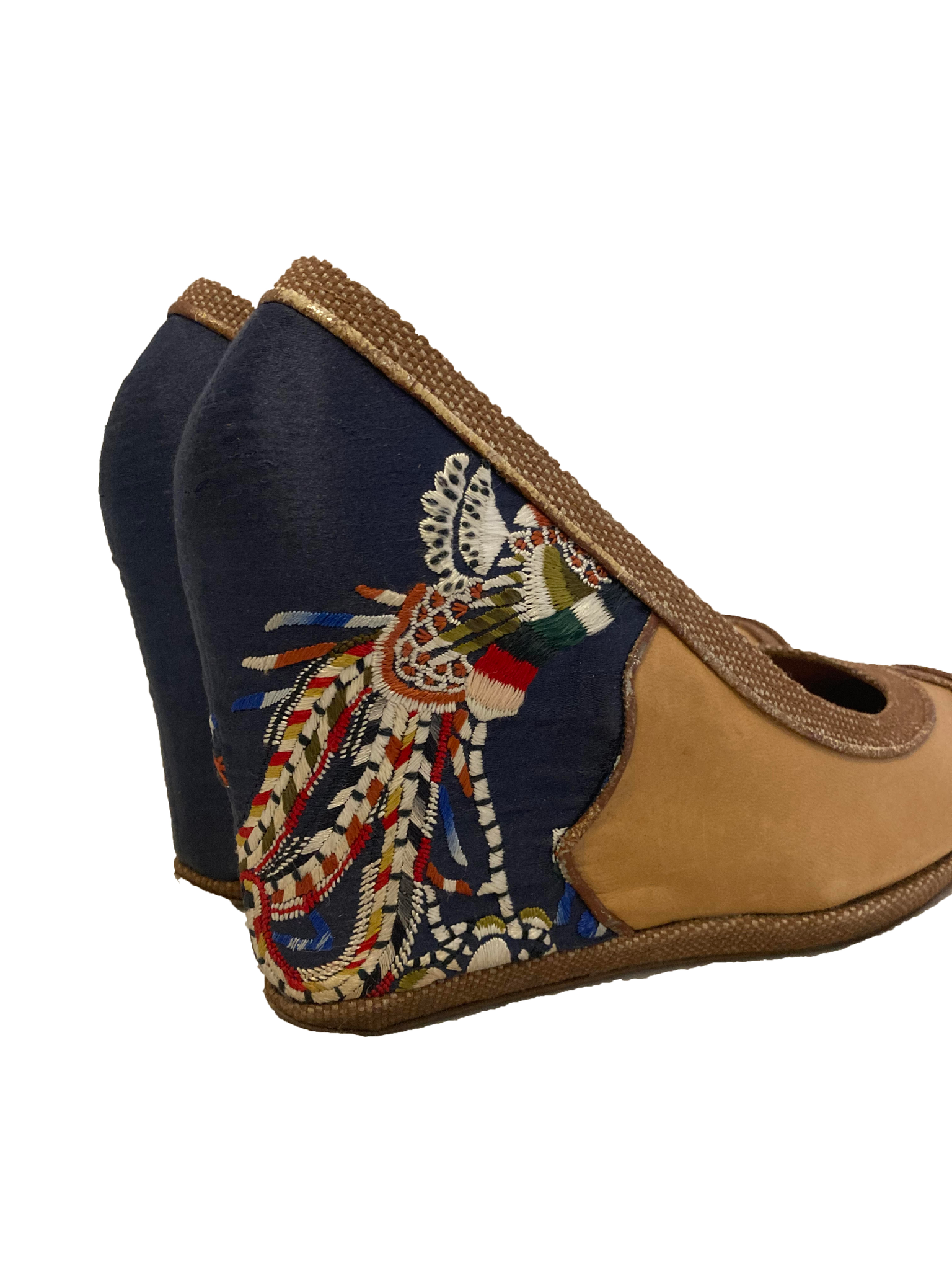 Embroidered Leather and Silk Wedges