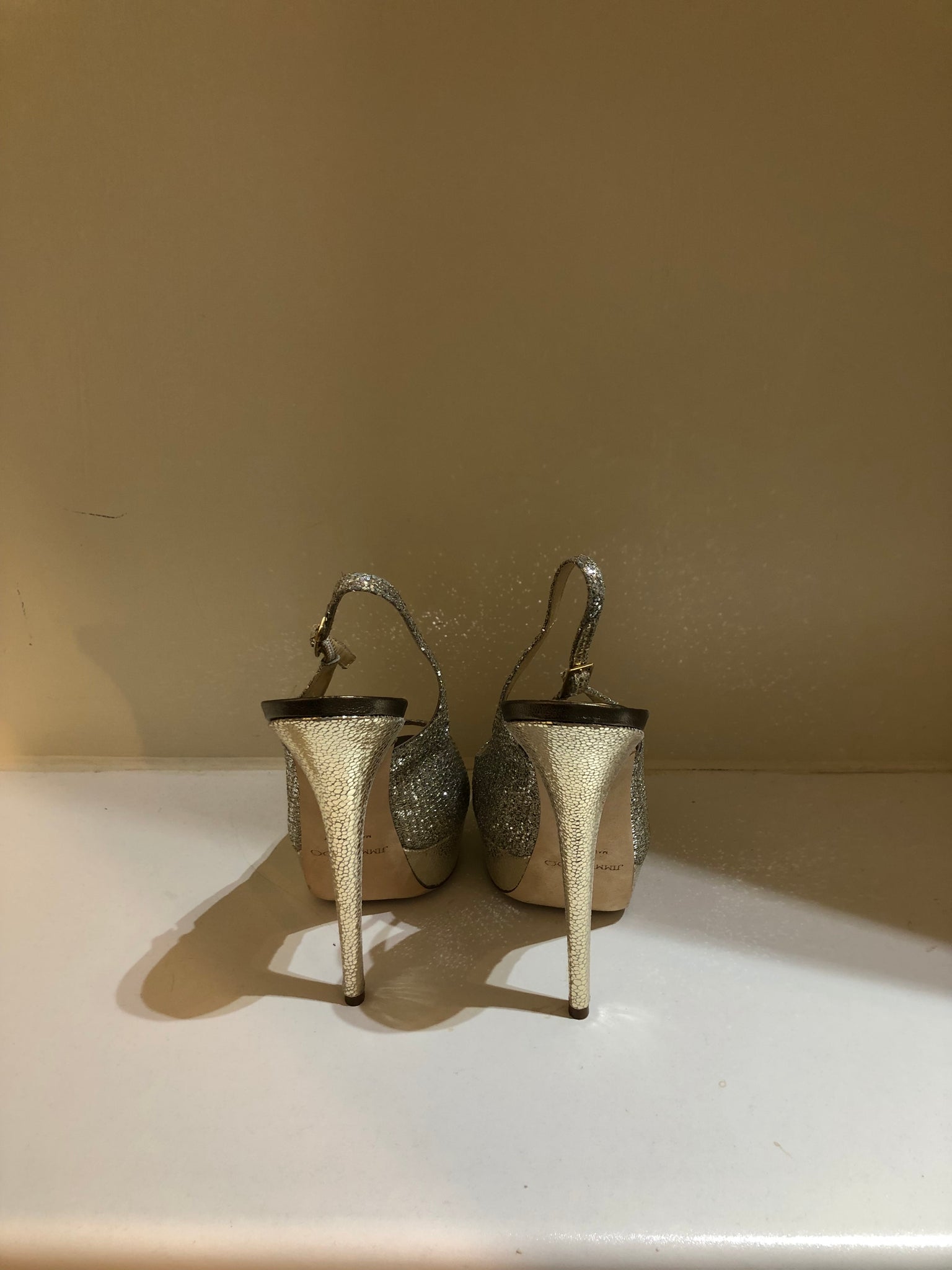 Isabella's Wardrobe Jimmy Choo Vita Glitter Champagne Heels.
