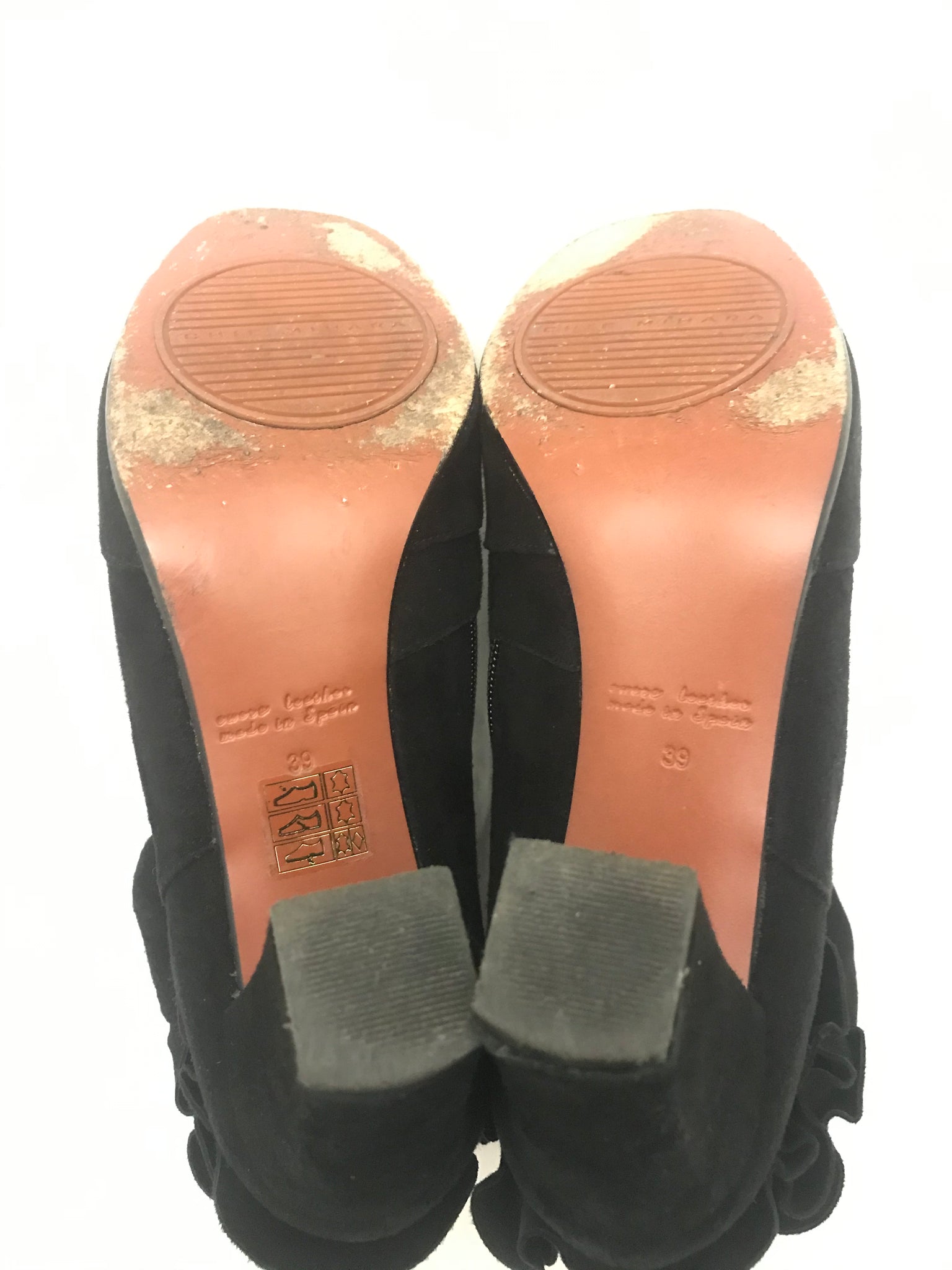 Isabella's Wardrobe Chie Mihara Frilled Suede Ankle Boots.