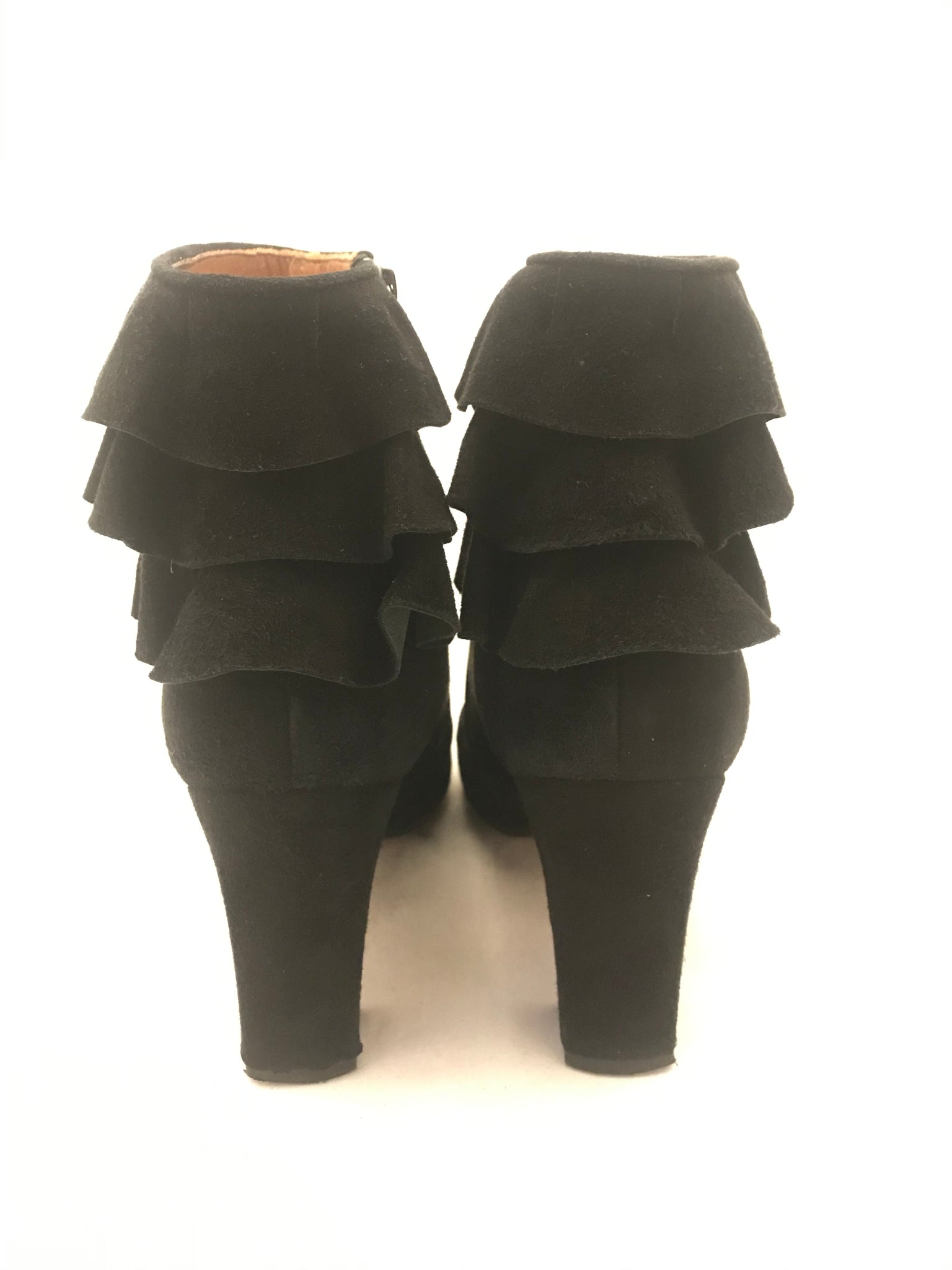 Isabella's Wardrobe Chie Mihara Frilled Suede Ankle Boots.